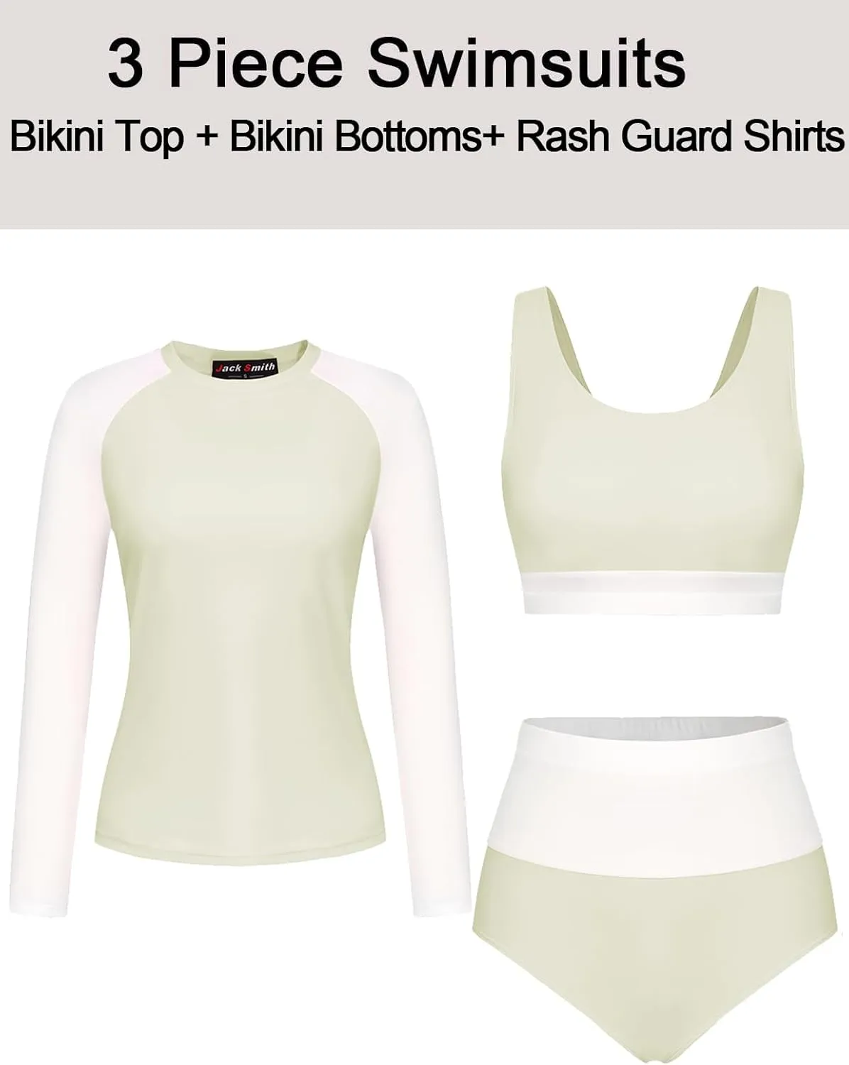 JACK SMITH Women's 3 Piece Long Sleeve Rush Guard Swimsuit UPF 50  Tummy Control High Waist Bathing Suit