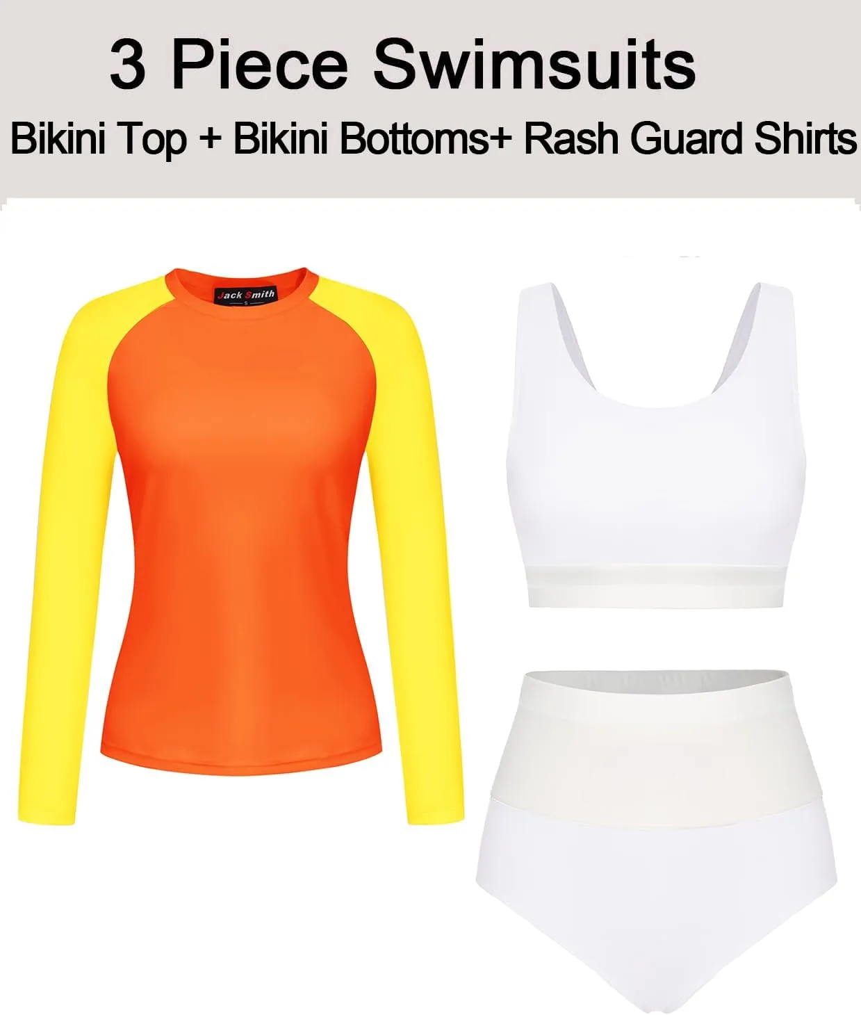 JACK SMITH Women's 3 Piece Long Sleeve Rush Guard Swimsuit UPF 50  Tummy Control High Waist Bathing Suit
