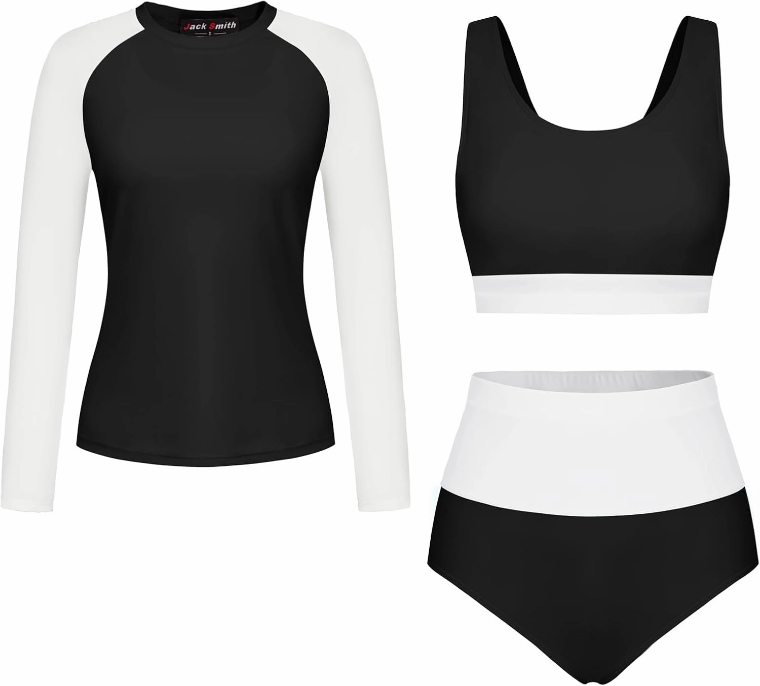 JACK SMITH Women's 3 Piece Long Sleeve Rush Guard Swimsuit UPF 50  Tummy Control High Waist Bathing Suit