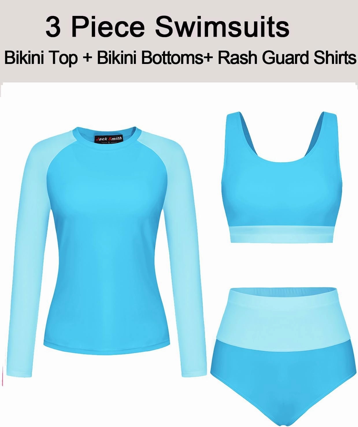 JACK SMITH Women's 3 Piece Long Sleeve Rush Guard Swimsuit UPF 50  Tummy Control High Waist Bathing Suit