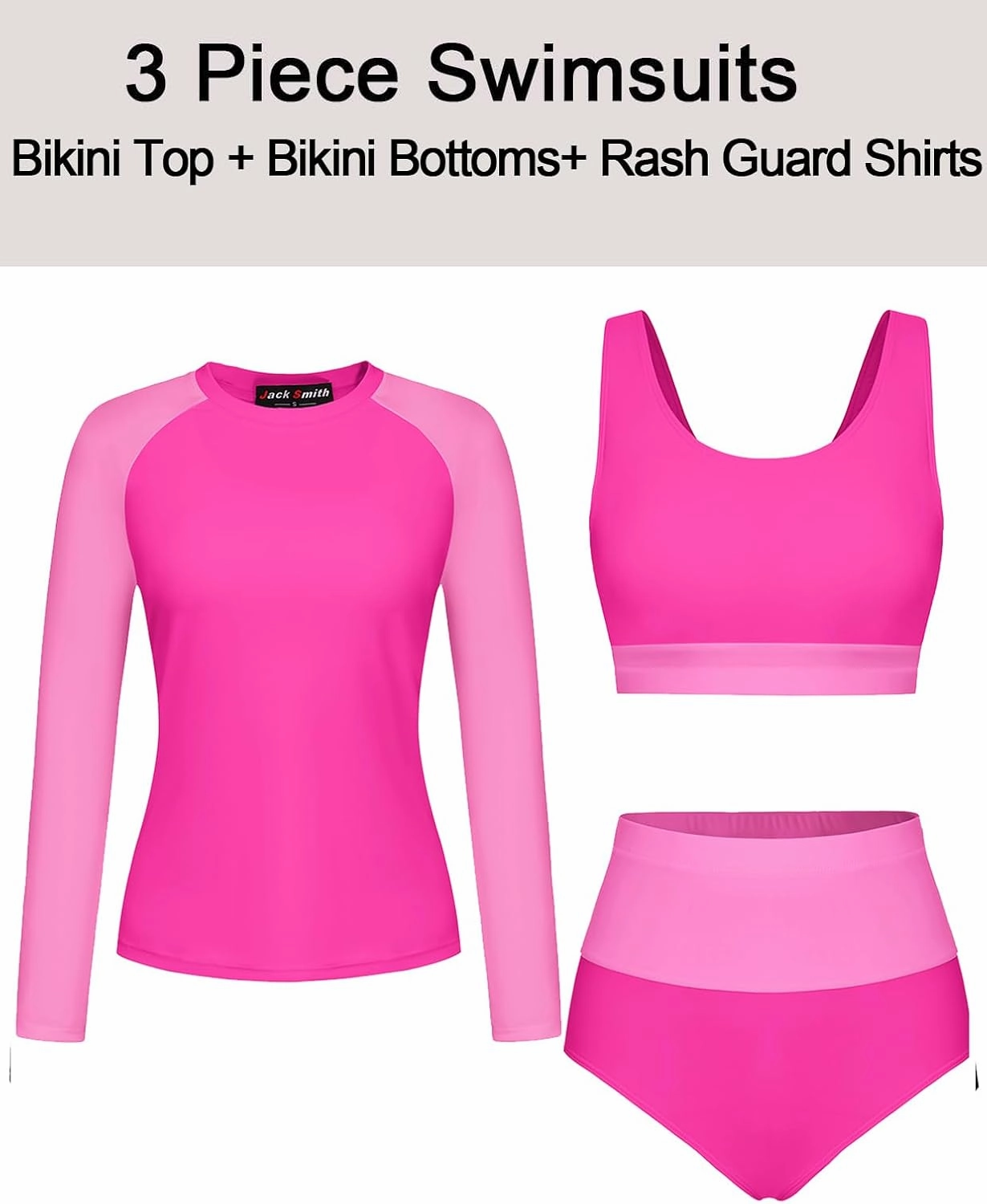 JACK SMITH Women's 3 Piece Long Sleeve Rush Guard Swimsuit UPF 50  Tummy Control High Waist Bathing Suit