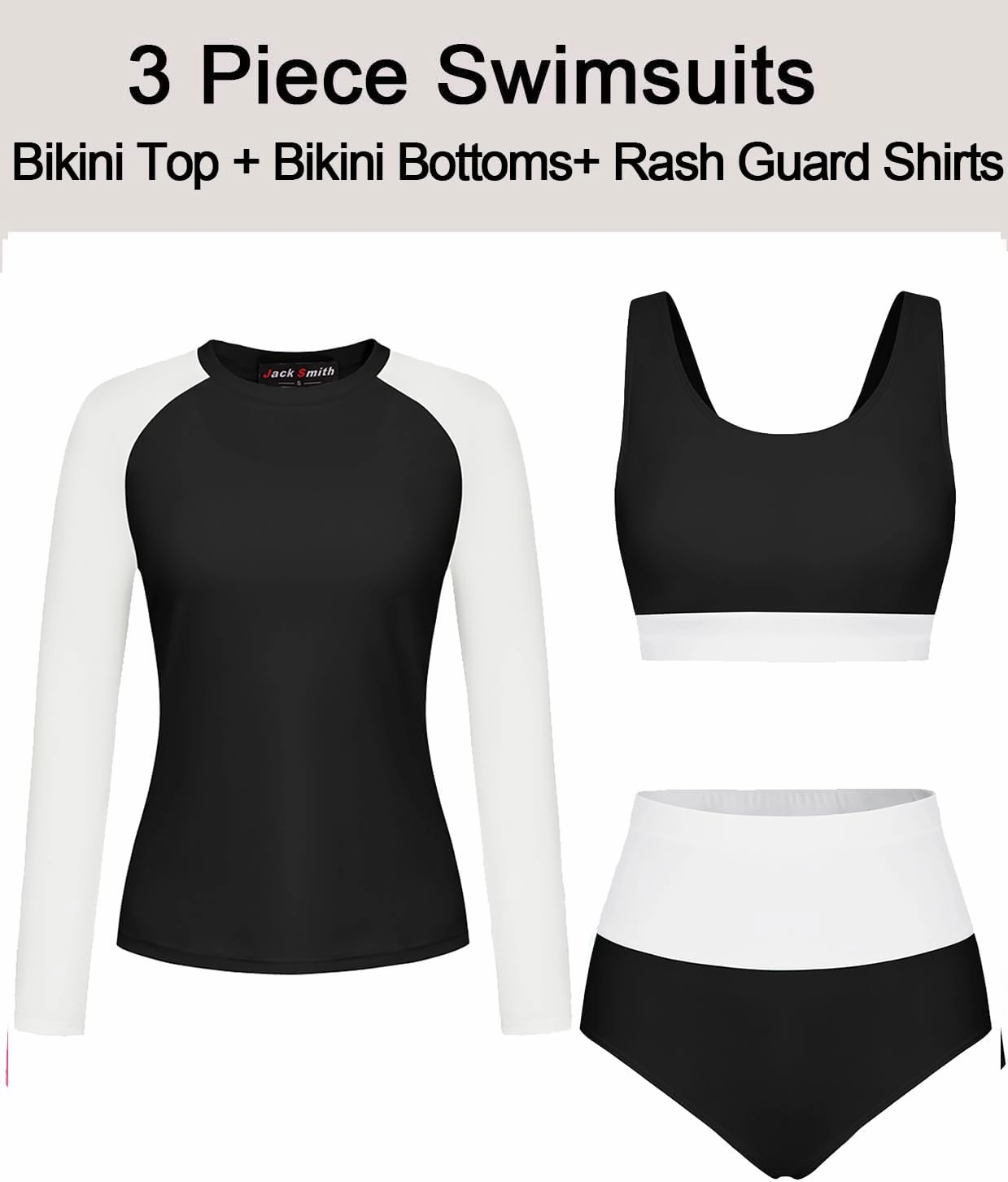 JACK SMITH Women's 3 Piece Long Sleeve Rush Guard Swimsuit UPF 50  Tummy Control High Waist Bathing Suit