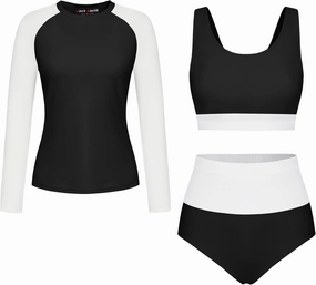 JACK SMITH Women's 3 Piece Long Sleeve Rush Guard Swimsuit UPF 50  Tummy Control High Waist Bathing Suit