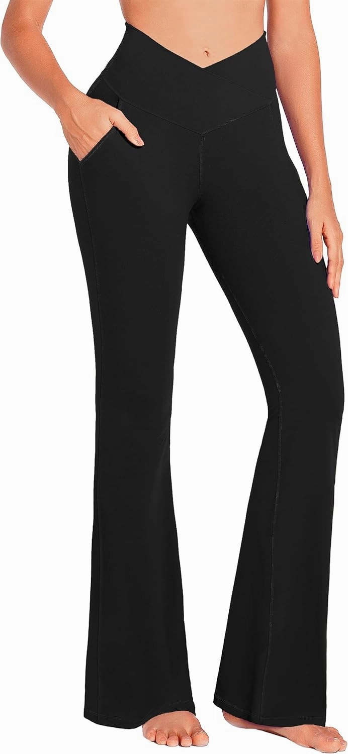 JADD Womens Flare Yoga Pants with Pockets Crossover High Waisted Bootcut Flare Leggings Tummy Control Workout Dress Pants
