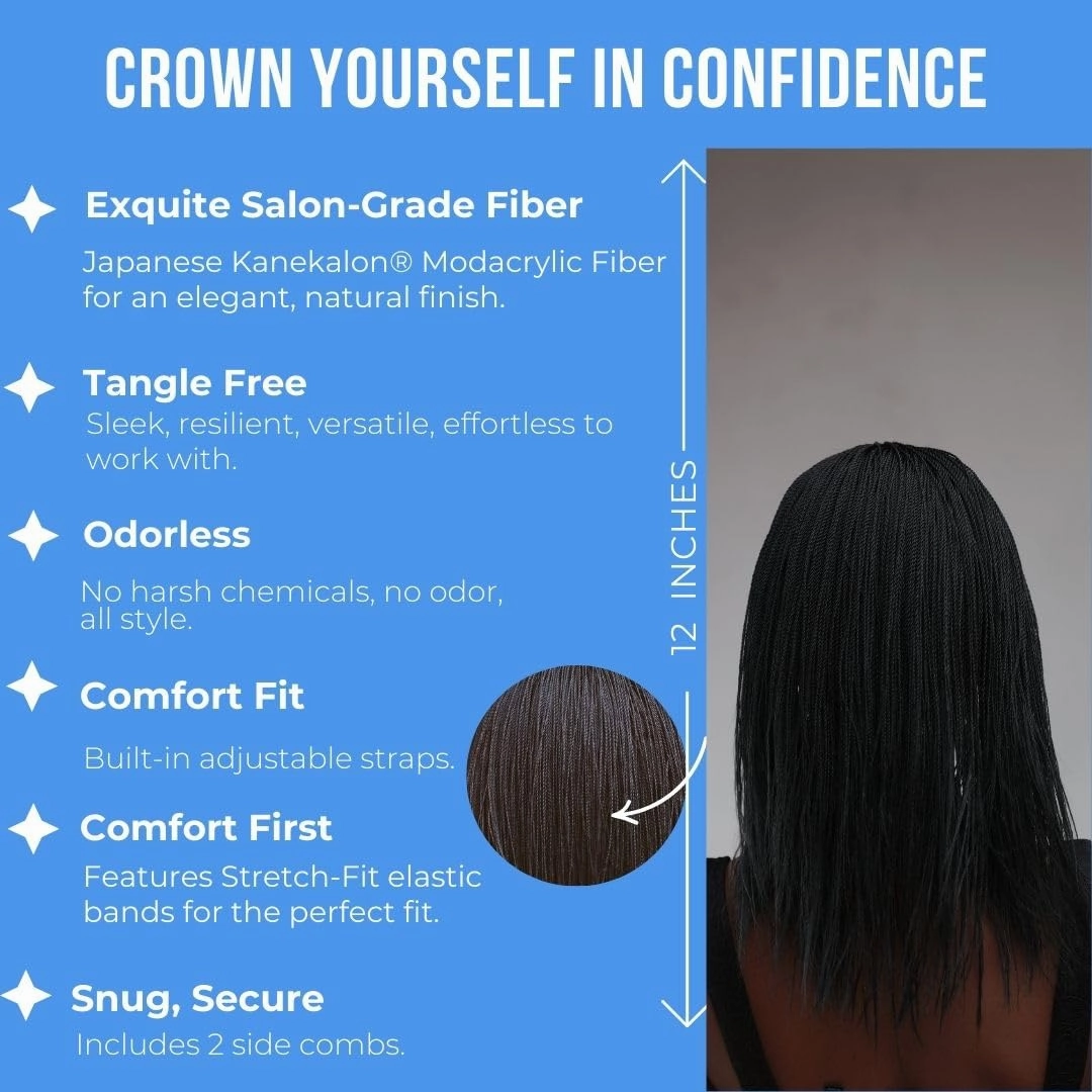 JBG 12-Inch Micro Million Twist Braided Wig - Light, Soft Braid Wigs for Black Women with Glueless 4X4 Lace Closure - No Tangle Synthetic Braids - Black