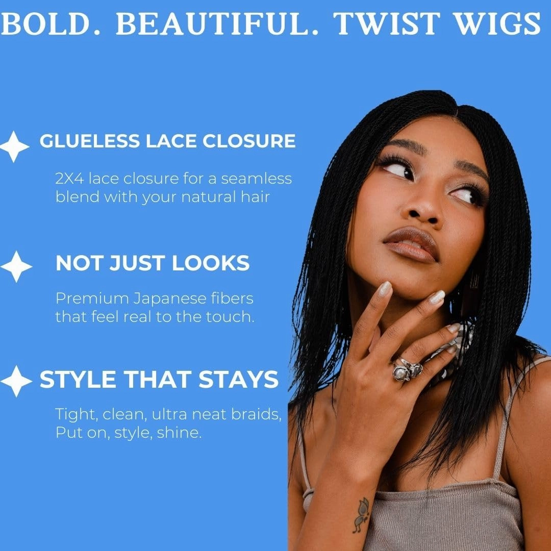 JBG 12-Inch Micro Million Twist Braided Wig - Light, Soft Braid Wigs for Black Women with Glueless 4X4 Lace Closure - No Tangle Synthetic Braids - Black