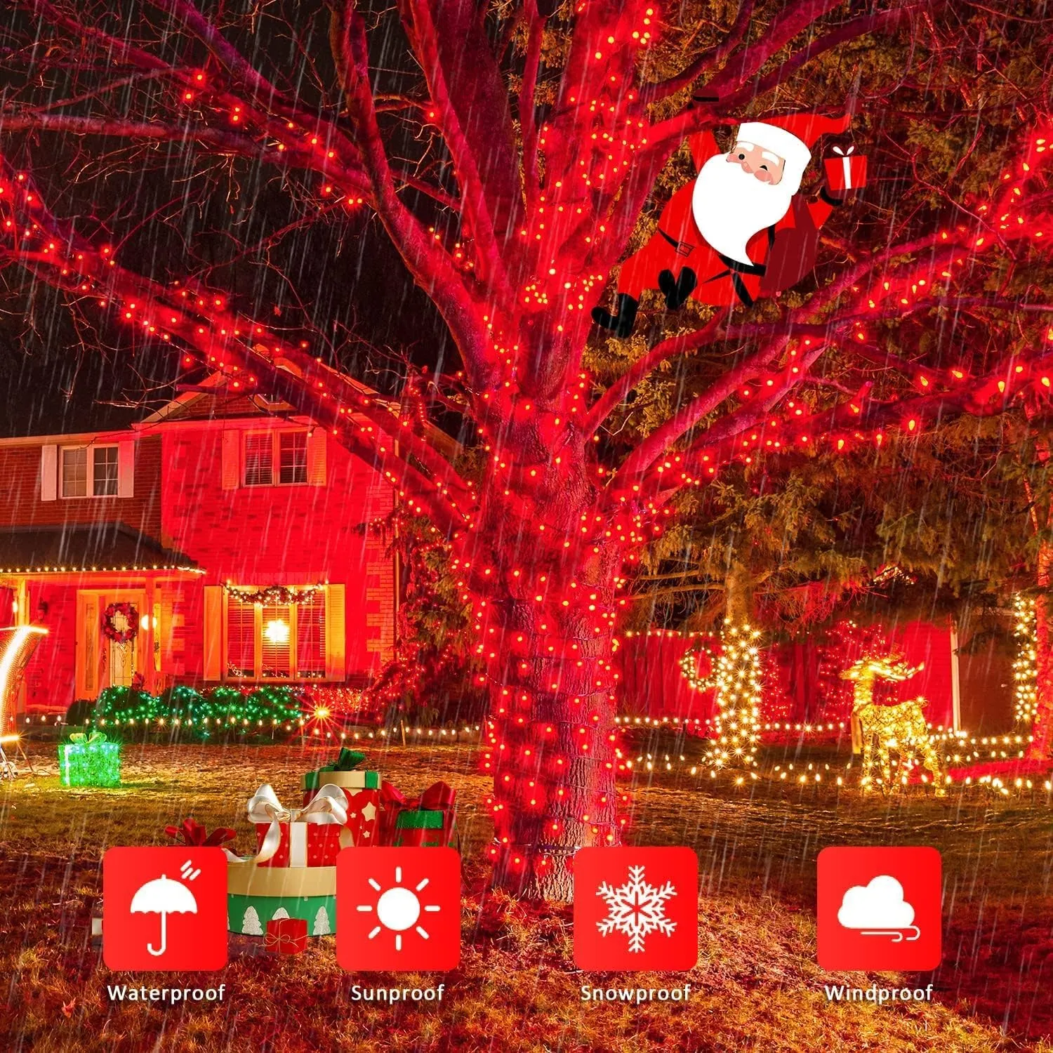 JMEXSUSS 600 LED Red Solar String Lights Outdoor Waterproof, 206.7ft 8 Modes Red Solar Christmas Lights for Outside Patio House Tree Party Xams Christmas Decorations