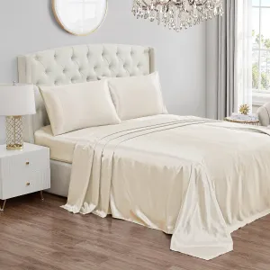 Juicy Couture King Size Satin Bed Sheet Set, Deep Pocket Silky King Sheet Set with 1 Fitted Sheet, 1 Flat Sheet and 2 Pillow Case, Wrinkle Resistant and Anti Pilling Bed Sheets - Ivory
