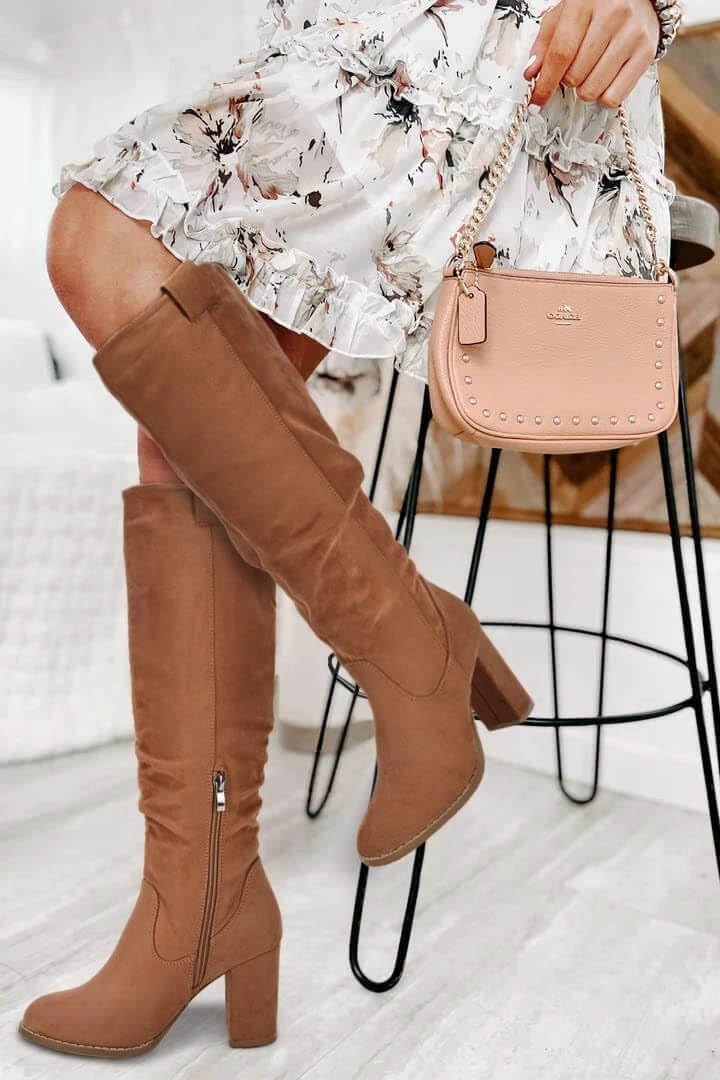 Juliet Holy Women's Knee High Boots Chunky Block Heel Wide Calf Round Toe Side Zipper Fashion Dress Boot