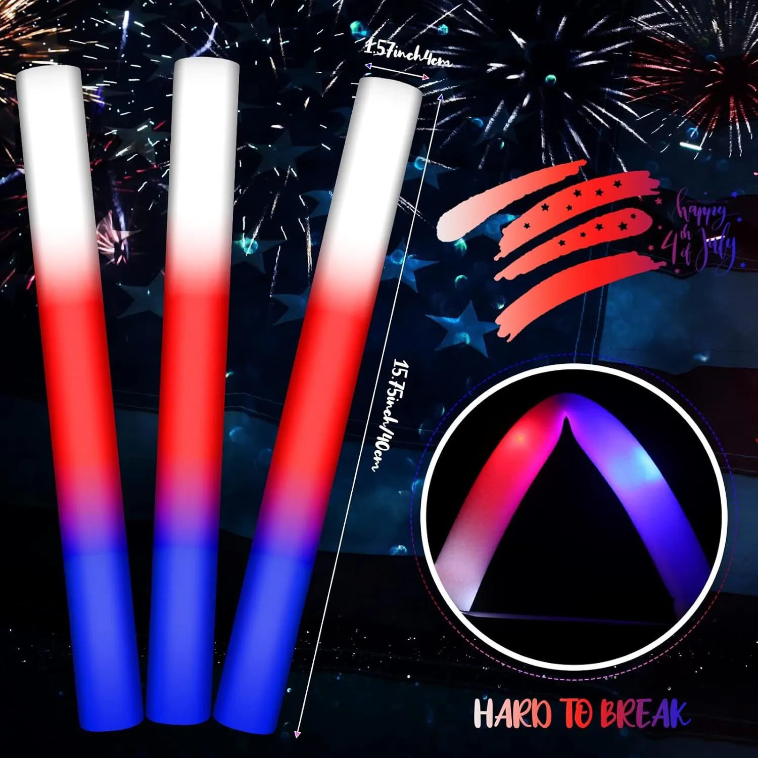 Junkin 4th of July Glow Sticks Bulk 15.8 Independence Day Red White and Blue LED Foam Sticks Patriotic Lighted Sticks with 3 Flashing Modes for Memorial Day Birthday Party(36 Pcs)