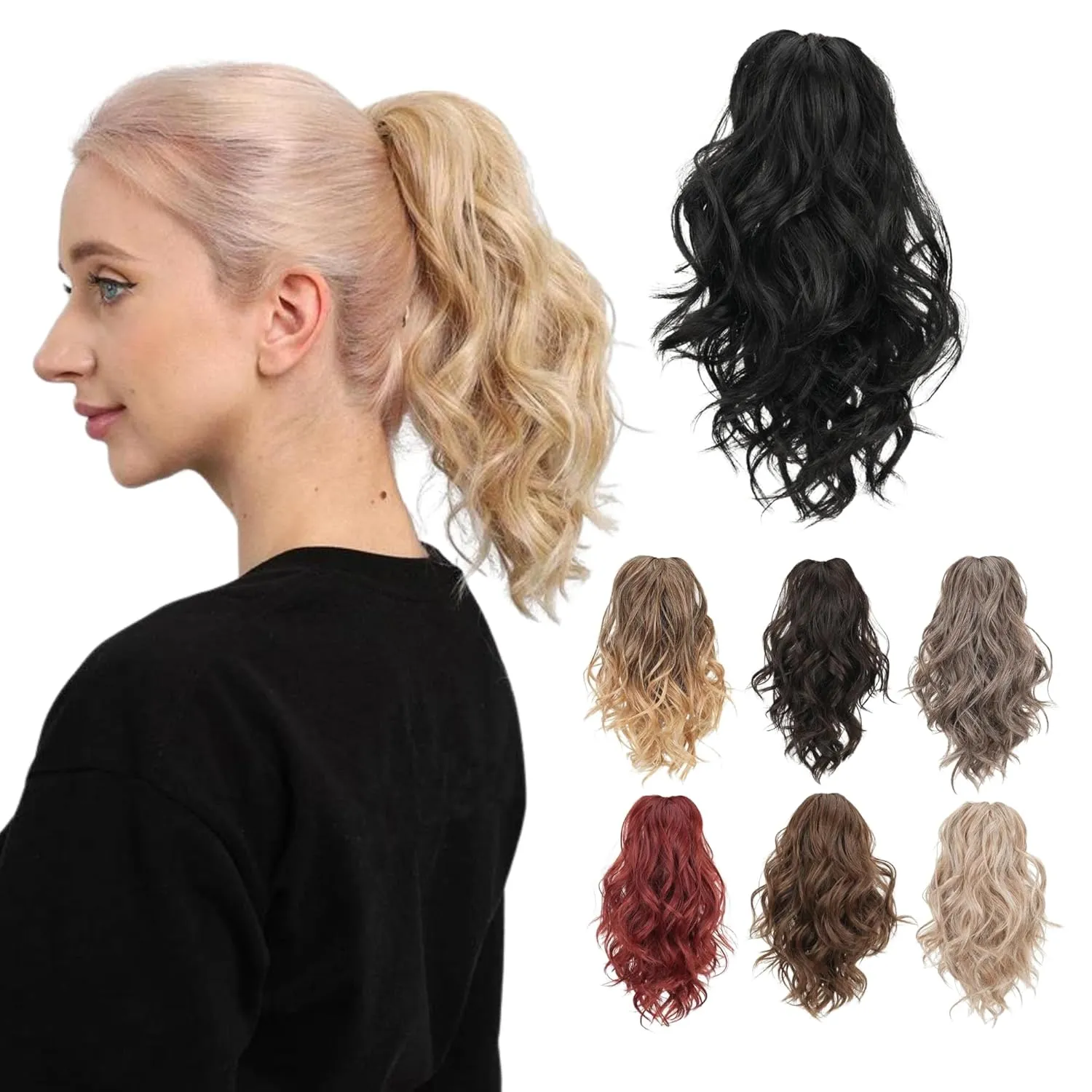 Juvabun Claw Clip Beach Waves Ponytail Extension 12" -Black | Hair Extension Clips | Ponytail Extension Human Hair | Beach Waves Hair Extensions | Washable Realistic And Synthetic Hairpiece | Black