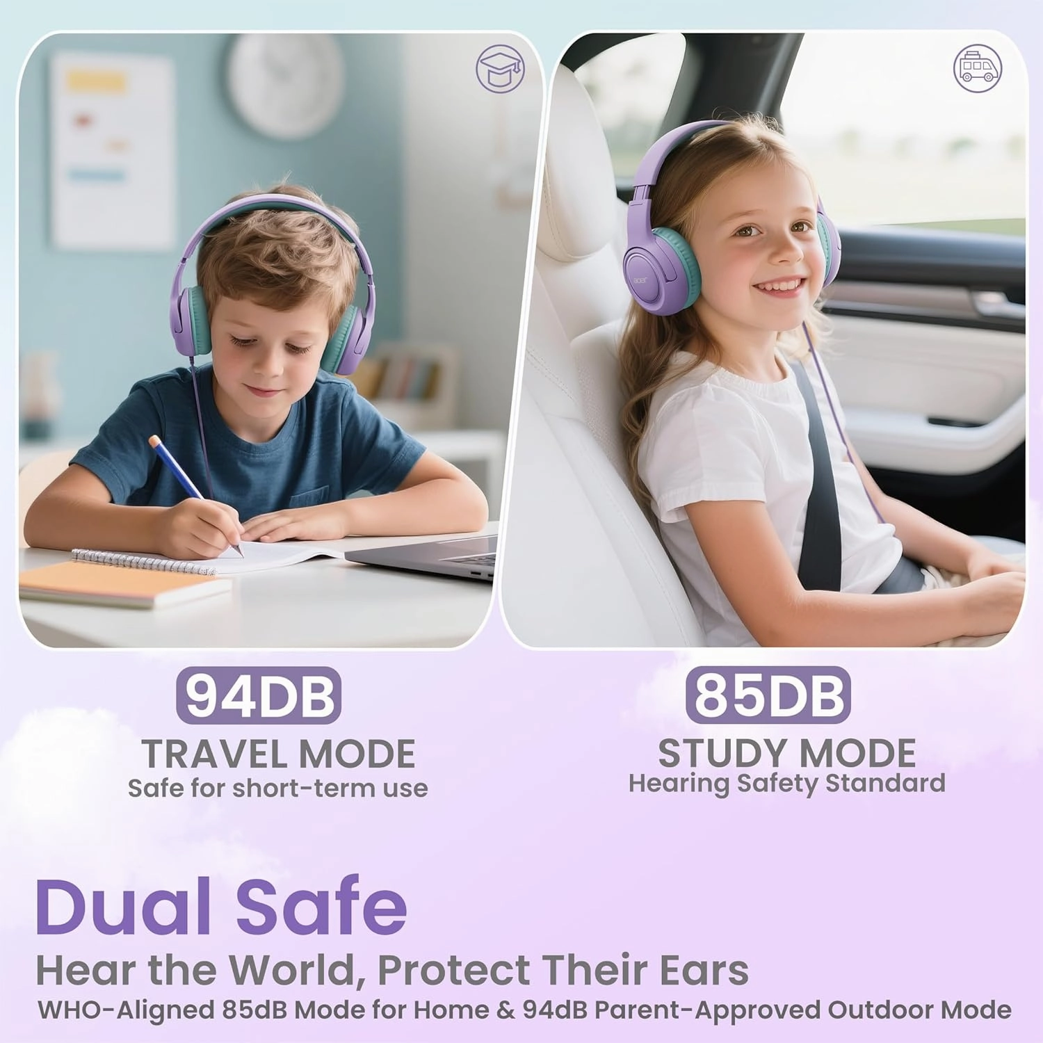 Kids Headphones with Cord for School - Over-Ear 85/94dB Volume Limiter, 3.5mm Jack Foldable Stereo Sound Headset for Toddlers Girls Boy Travel Learning Entertainment Tablet Kindle iPad PC Purple Green