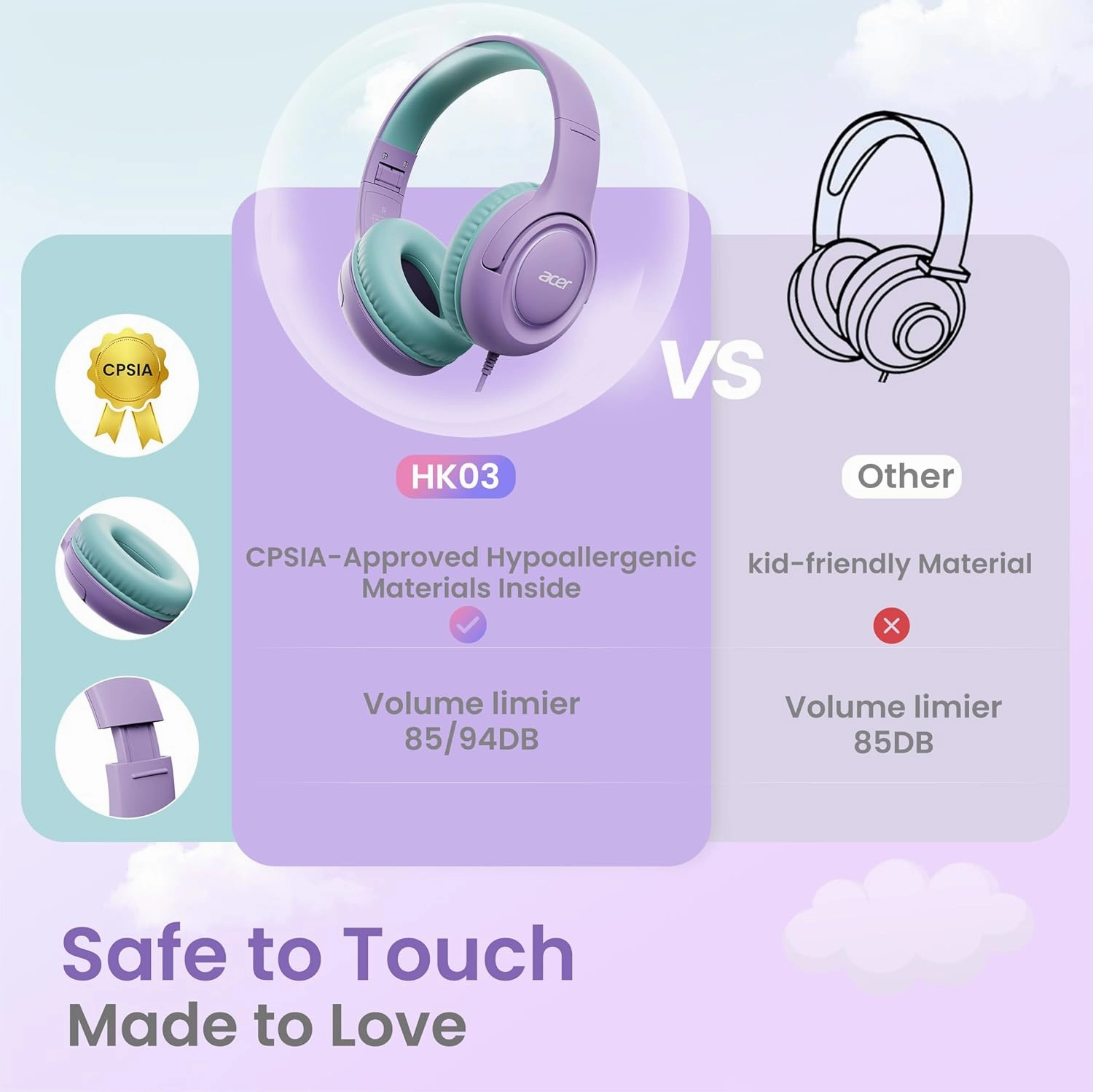 Kids Headphones with Cord for School - Over-Ear 85/94dB Volume Limiter, 3.5mm Jack Foldable Stereo Sound Headset for Toddlers Girls Boy Travel Learning Entertainment Tablet Kindle iPad PC Purple Green