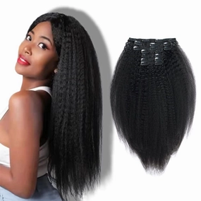 Kinky Straight Clip in Hair Extensions, 100% Remy Human Hair Clip Ins for Black Women, Thick Soft Double Weft Natural Black, 120 Gram 14Inch
