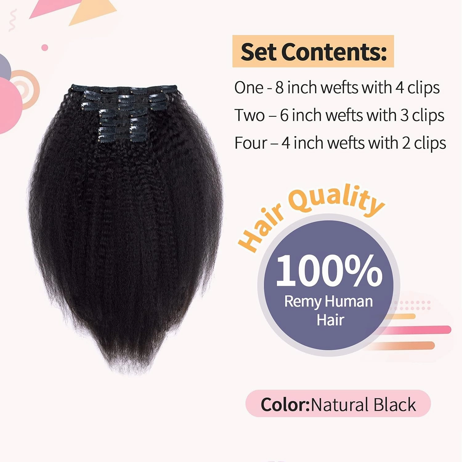Kinky Straight Clip in Hair Extensions, 100% Remy Human Hair Clip Ins for Black Women, Thick Soft Double Weft Natural Black, 120 Gram 14Inch