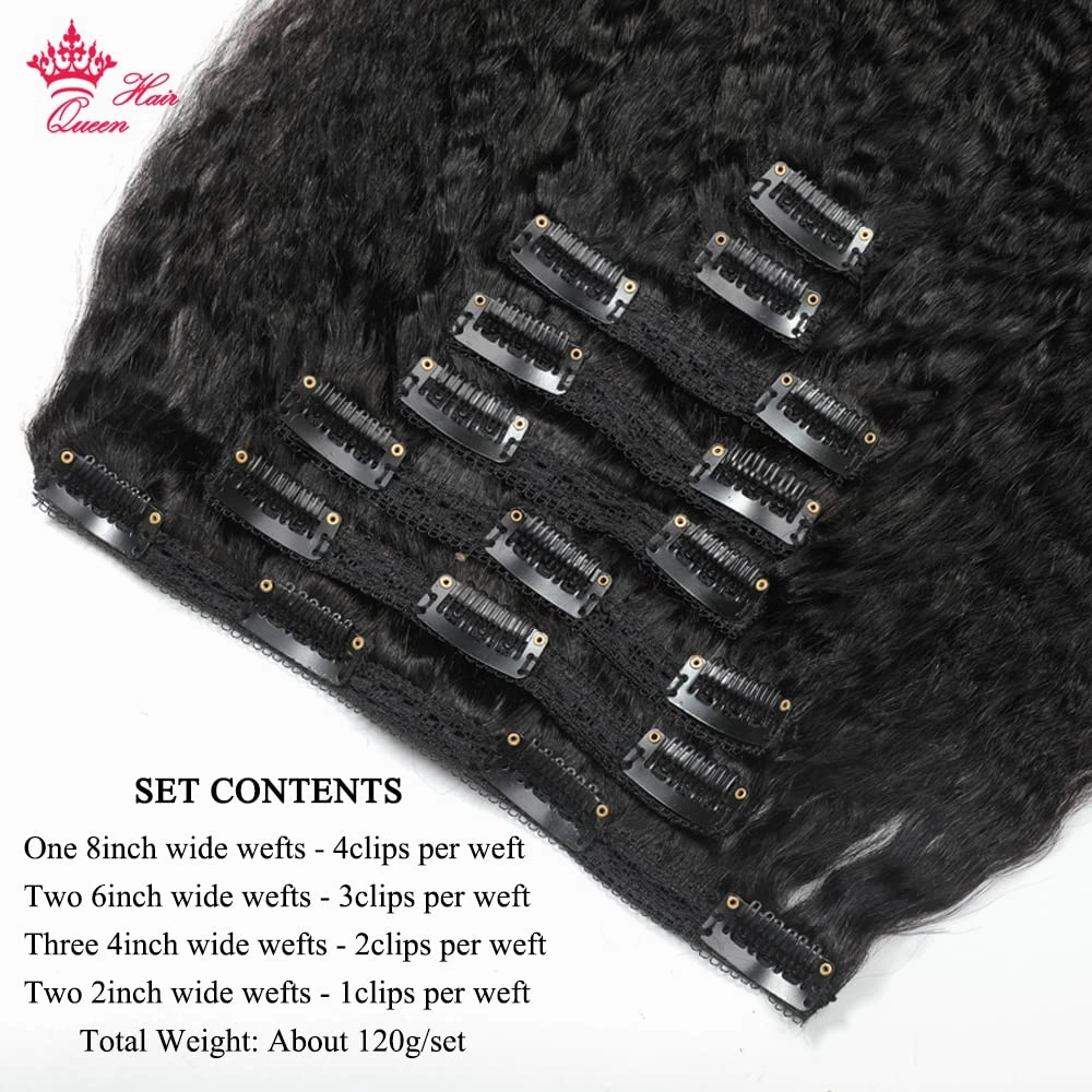 Kinky Straight Clip in Hair Extensions Human Hair Double Wefts Thick Real yaki straight Virgin Human Hair For African American 8Pcs / set 120Gram Natural Black Queen Hair Products (14inches, Kinky Straight)