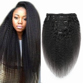 Kinky Straight Clip in Hair Extensions Human Hair Double Wefts Thick Real yaki straight Virgin Human Hair For African American 8Pcs / set 120Gram Natural Black Queen Hair Products (14inches, Kinky Straight)