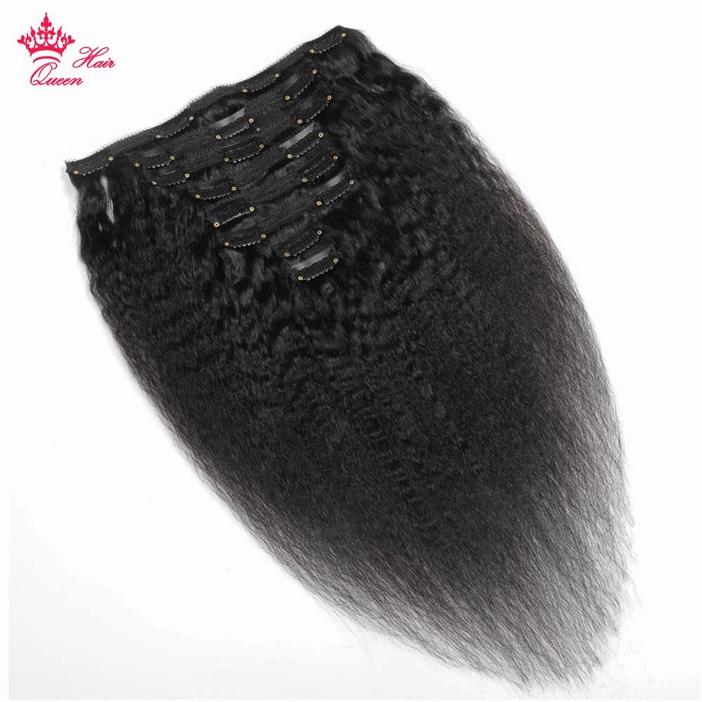Kinky Straight Clip in Hair Extensions Human Hair Double Wefts Thick Real yaki straight Virgin Human Hair For African American 8Pcs / set 120Gram Natural Black Queen Hair Products (14inches, Kinky Straight)