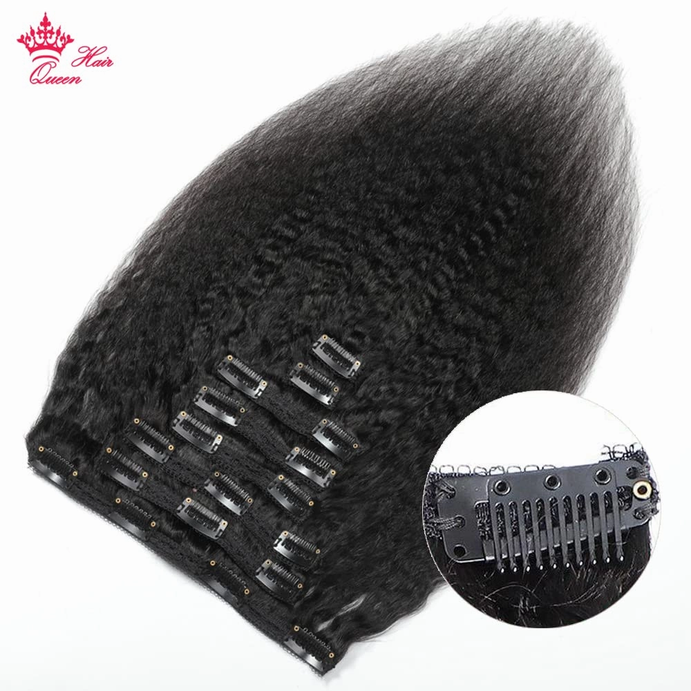 Kinky Straight Clip in Hair Extensions Human Hair Double Wefts Thick Real yaki straight Virgin Human Hair For African American 8Pcs / set 120Gram Natural Black Queen Hair Products (14inches, Kinky Straight)