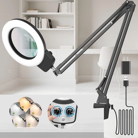 KIRKAS 10X Magnifying Glass with Light, Long Swing Arm, Any Color Modes & Stepless Dimming LED Magnifying Lamp with Clamp, Memory Function Lighted Magnifier for Crafts, Reading, Hobby, Close Work