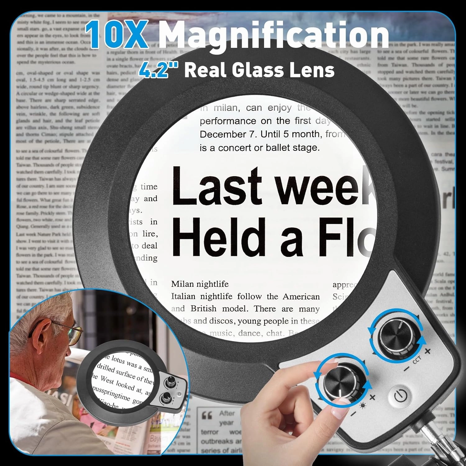 KIRKAS 10X Magnifying Glass with Light, Long Swing Arm, Any Color Modes & Stepless Dimming LED Magnifying Lamp with Clamp, Memory Function Lighted Magnifier for Crafts, Reading, Hobby, Close Work