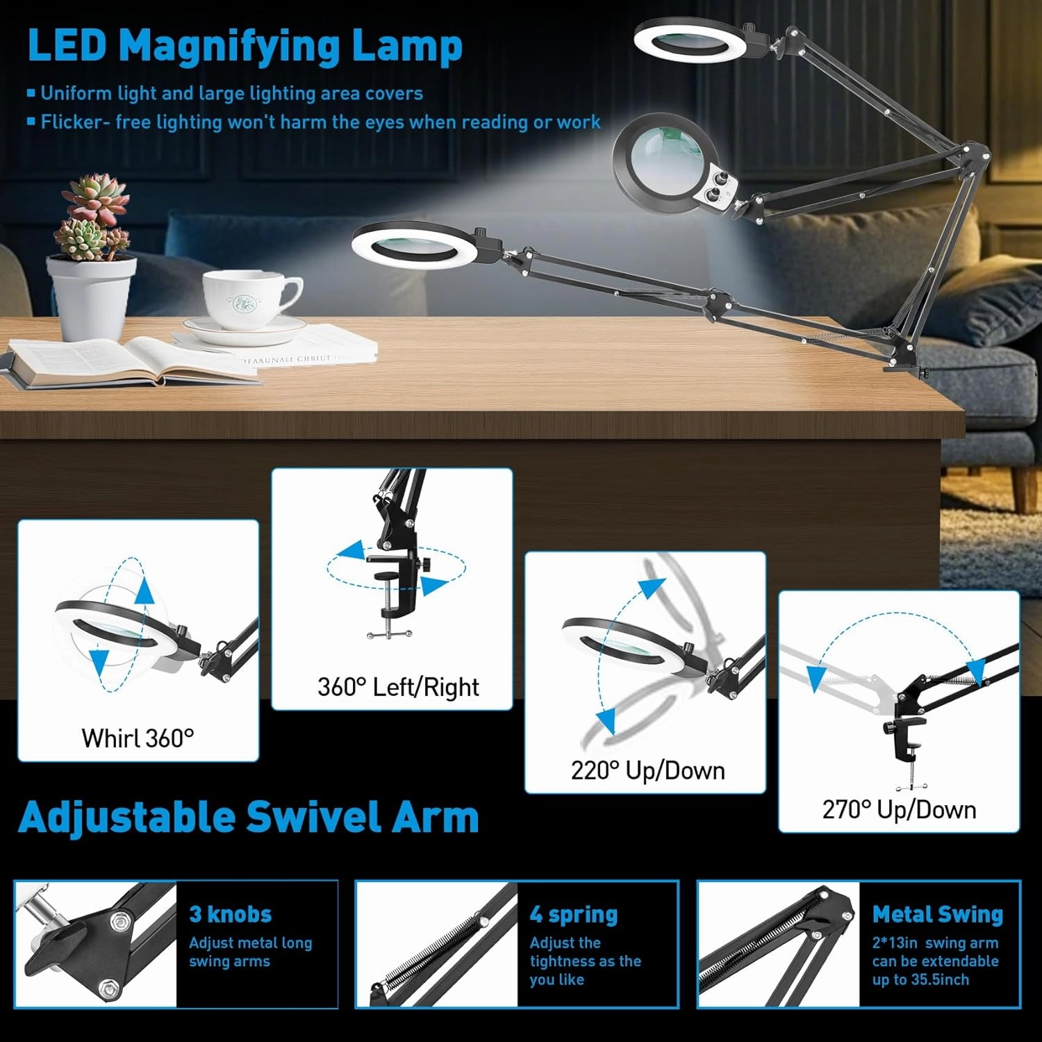 KIRKAS 10X Magnifying Glass with Light, Long Swing Arm, Any Color Modes & Stepless Dimming LED Magnifying Lamp with Clamp, Memory Function Lighted Magnifier for Crafts, Reading, Hobby, Close Work