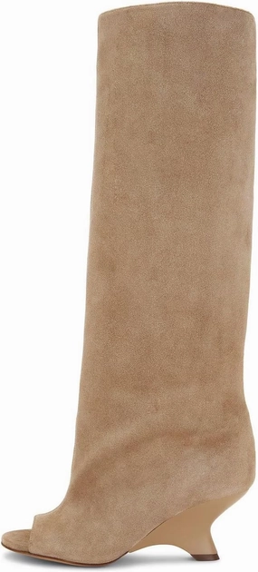 Kluolandi Womens Peep Toe Knee High Boots Faux Suede Wide Calf Wedge Heel Boots for Women