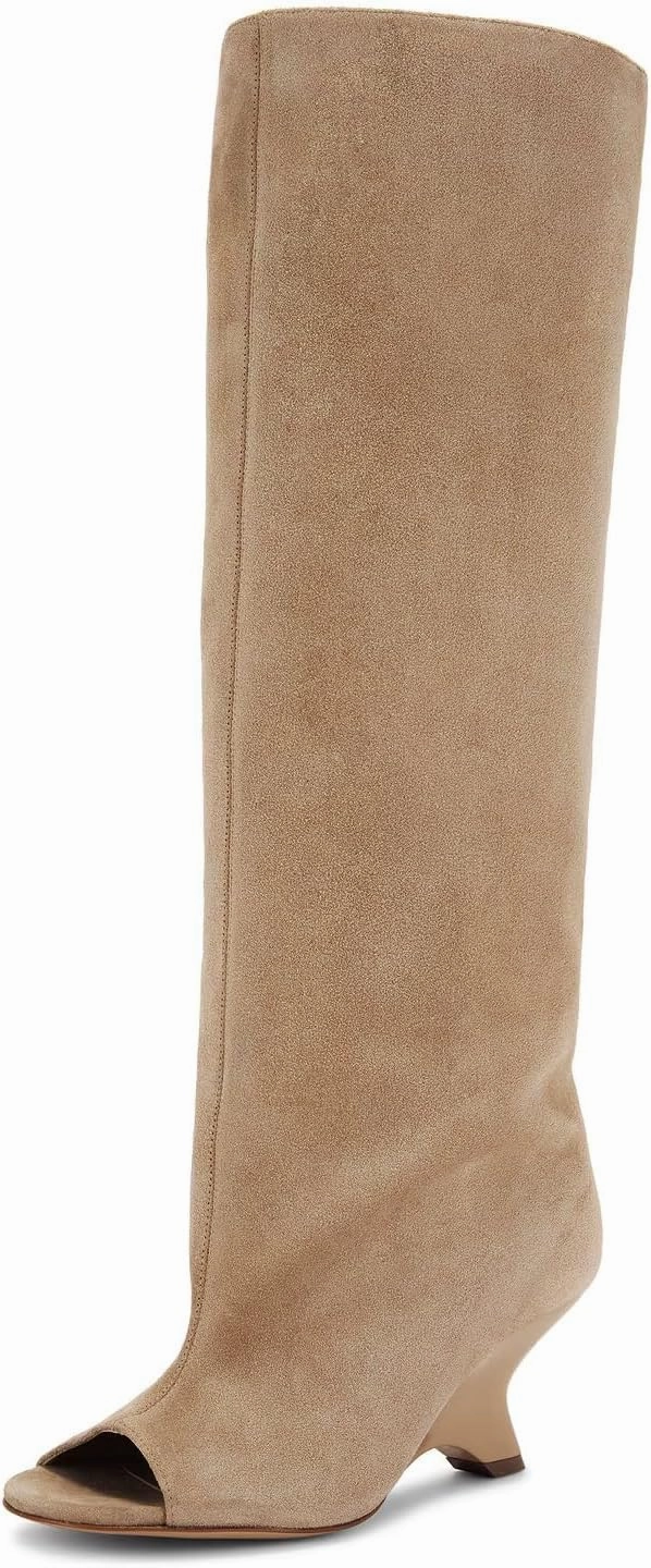 Kluolandi Womens Peep Toe Knee High Boots Faux Suede Wide Calf Wedge Heel Boots for Women