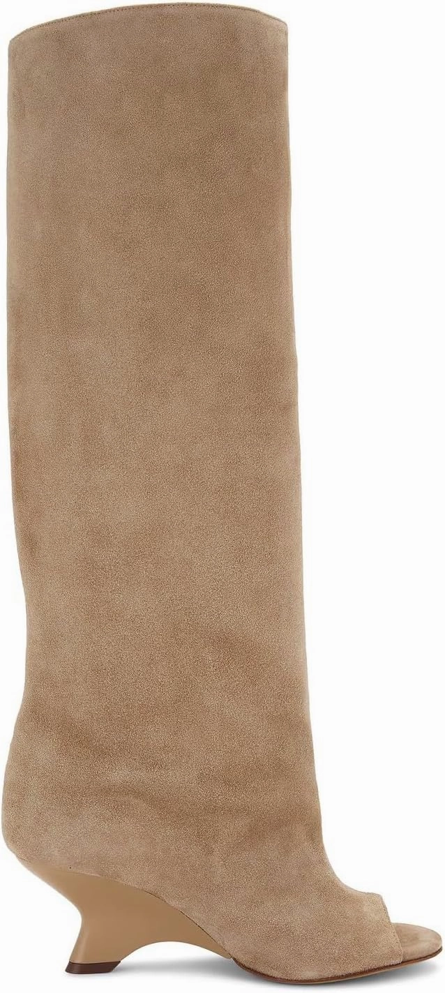 Kluolandi Womens Peep Toe Knee High Boots Faux Suede Wide Calf Wedge Heel Boots for Women