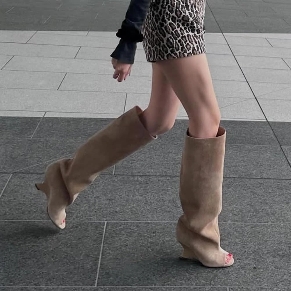 Kluolandi Womens Peep Toe Knee High Boots Faux Suede Wide Calf Wedge Heel Boots for Women