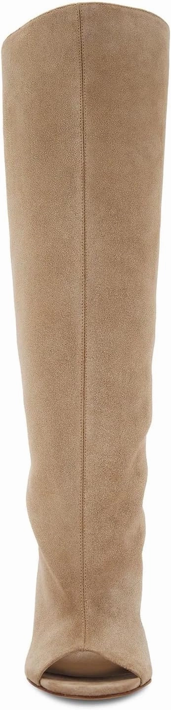 Kluolandi Womens Peep Toe Knee High Boots Faux Suede Wide Calf Wedge Heel Boots for Women