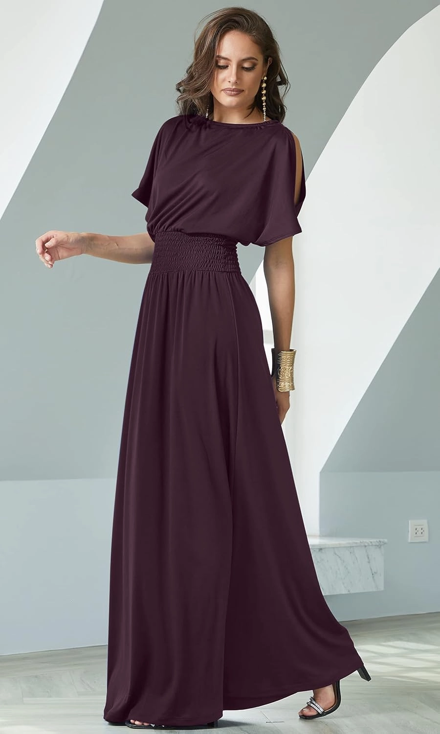 KOH KOH Womens Split Sleeves Smocked Elegant Cocktail Long Maxi Dress