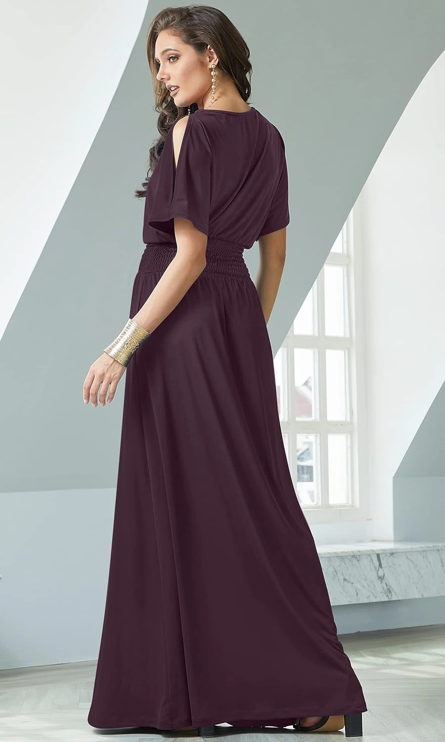 KOH KOH Womens Split Sleeves Smocked Elegant Cocktail Long Maxi Dress