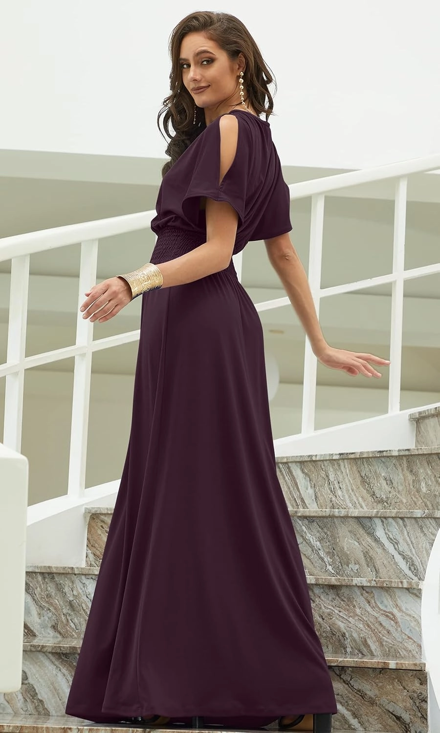 KOH KOH Womens Split Sleeves Smocked Elegant Cocktail Long Maxi Dress