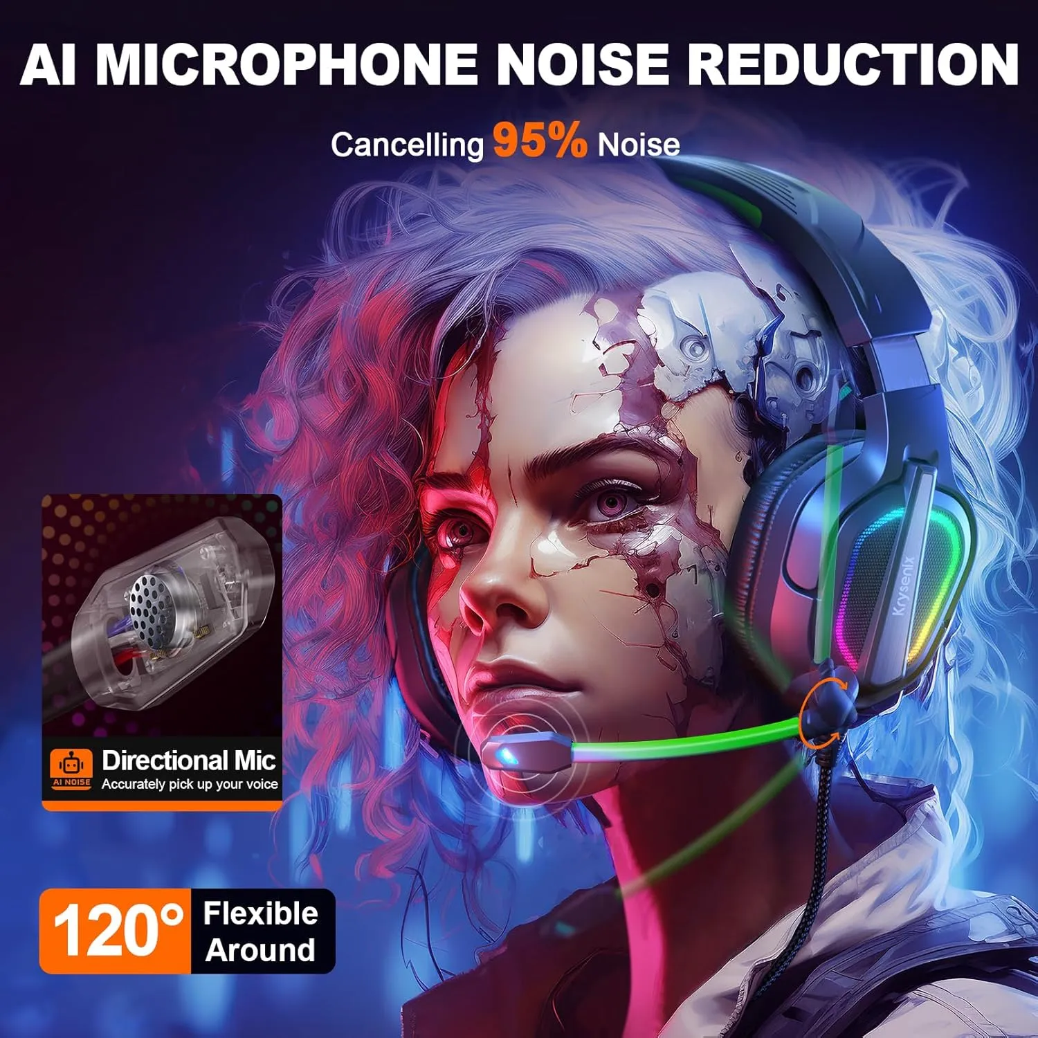 Krysenix Gaming Headset for PS4, PS5, PC, Mac, Xbox Series X, Noise Canceling Headphones with Microphone, PG2 Computer Headset with 3.5mm Jack & RGB Light Black/Green