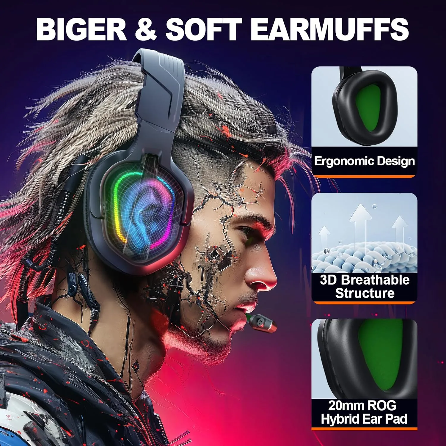 Krysenix Gaming Headset for PS4, PS5, PC, Mac, Xbox Series X, Noise Canceling Headphones with Microphone, PG2 Computer Headset with 3.5mm Jack & RGB Light Black/Green