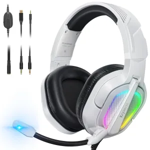 Krysenix Gaming Headset for PS4, PS5, PC, Mac, Xbox Series X, Noise Canceling Headphones with Microphone, PG2 Computer Headset with 3.5mm Jack & RGB Light White