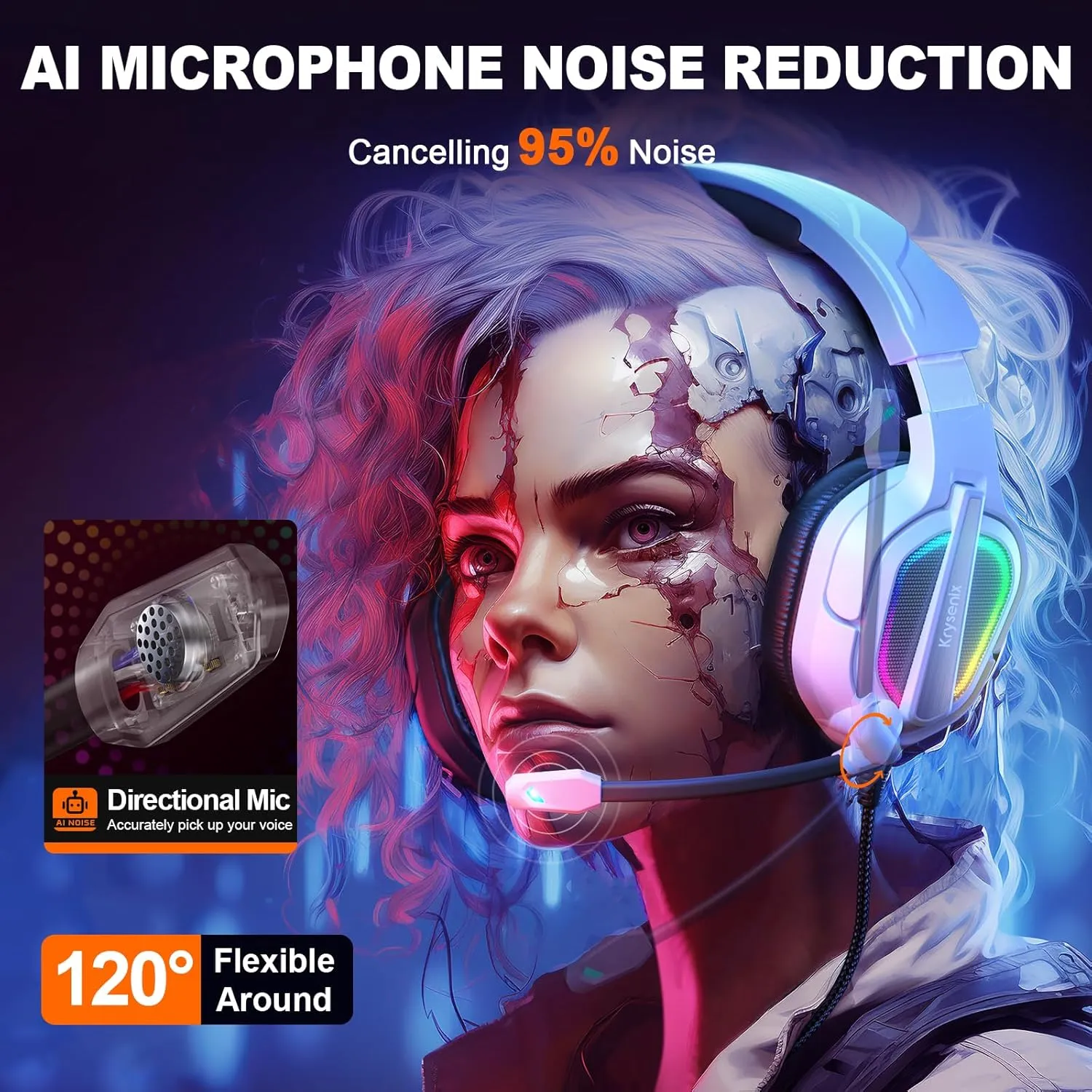Krysenix Gaming Headset for PS4, PS5, PC, Mac, Xbox Series X, Noise Canceling Headphones with Microphone, PG2 Computer Headset with 3.5mm Jack & RGB Light White
