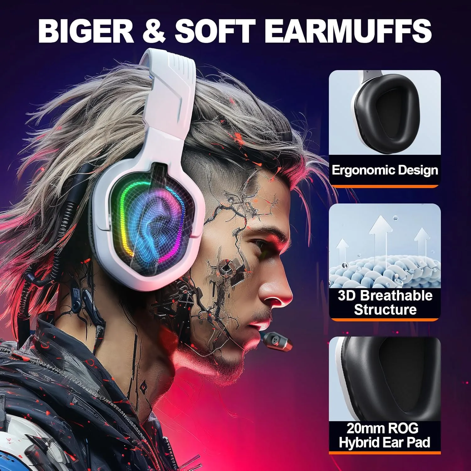 Krysenix Gaming Headset for PS4, PS5, PC, Mac, Xbox Series X, Noise Canceling Headphones with Microphone, PG2 Computer Headset with 3.5mm Jack & RGB Light White