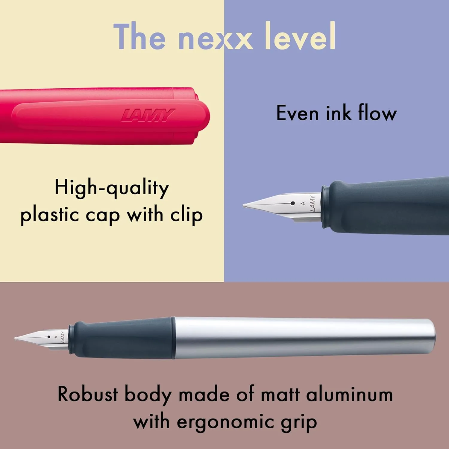 LAMY nexx crimson – Fountain Pen with slip-proof grip & polished steel nib in size M - triangular aluminum body - including LAMY T 10 blue cartridge - Right-Handed