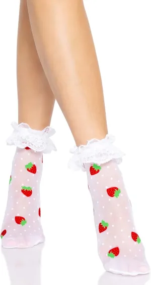 Leg Avenue Women's Strawberry Polka Dot Ruffle Top Anket Socks, One Size, White/Red