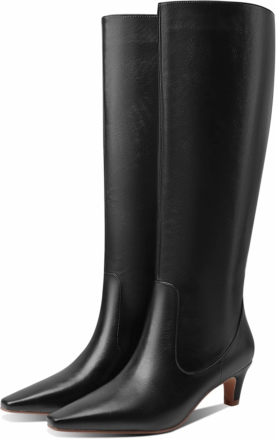 LEMUTISME Women's Fashion Square Toe Matte Leather Solid Color Wide Calf Comfortable Slip On Low Kitten Heel Dress Knee High Boots