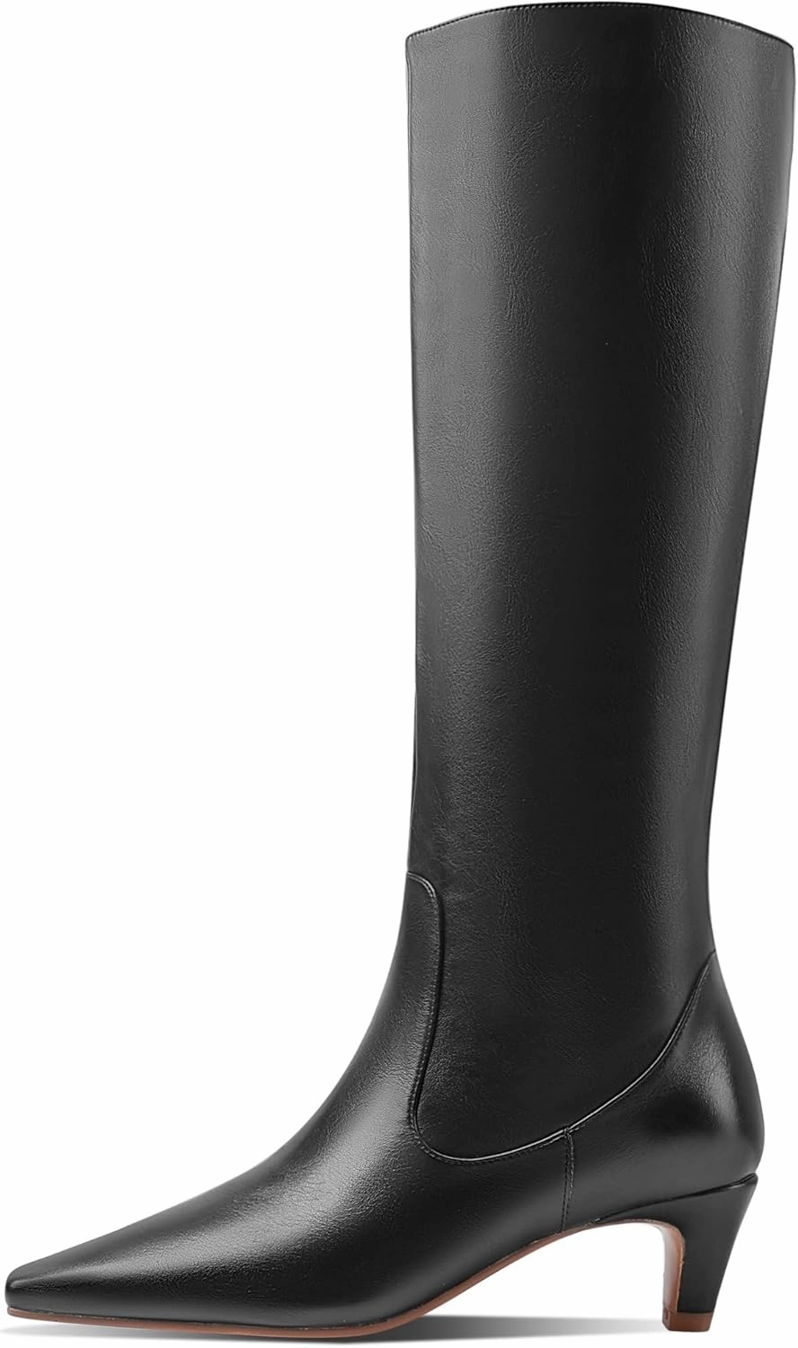 LEMUTISME Women's Fashion Square Toe Matte Leather Solid Color Wide Calf Comfortable Slip On Low Kitten Heel Dress Knee High Boots
