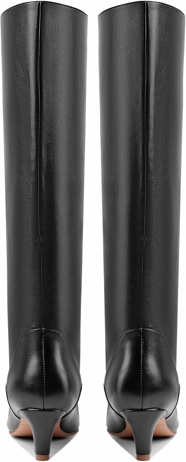 LEMUTISME Women's Fashion Square Toe Matte Leather Solid Color Wide Calf Comfortable Slip On Low Kitten Heel Dress Knee High Boots