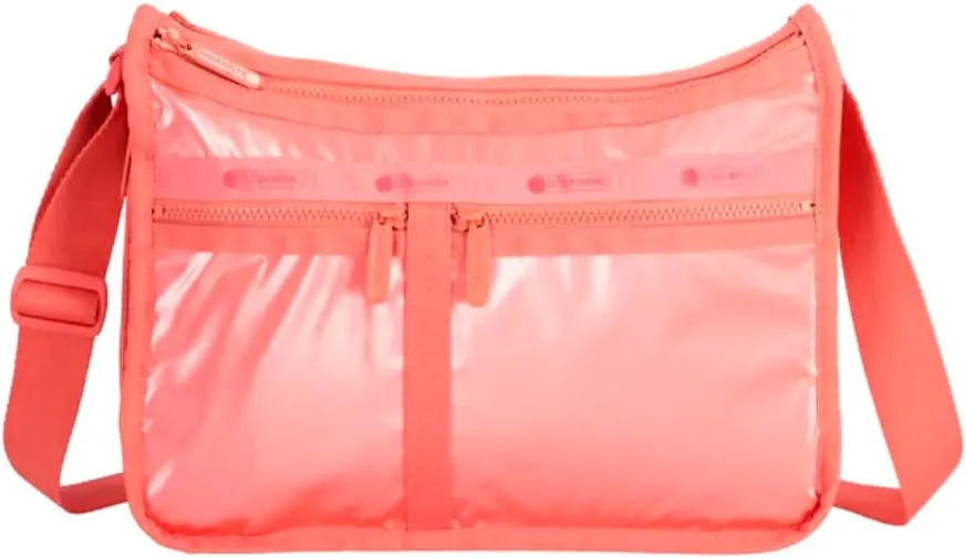 LeSportsac Coastal Dawn Patent Deluxe Everyday Crossbody Bag   Cosmetic Bag, Style 7507/Color E648, Fashion Trending Peach Glow Specialty Patent, Pearlized Iridescent Matte Shimmer, Modern Wide Zipper