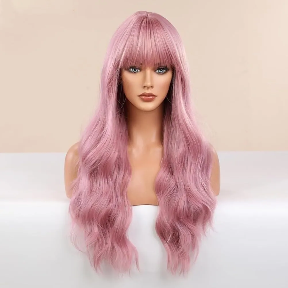 Light Pink Wig Bangs Long Wavy Coral Pink Heat Resistant Hair, Natural Looking Bright Synthetic - Best Wigs for Halloween/Christmas/Cosplay/Party