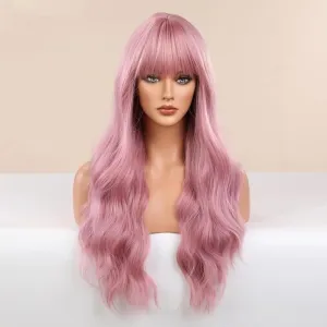 Light Pink Wig Bangs Long Wavy Coral Pink Heat Resistant Hair, Natural Looking Bright Synthetic - Best Wigs for Halloween/Christmas/Cosplay/Party