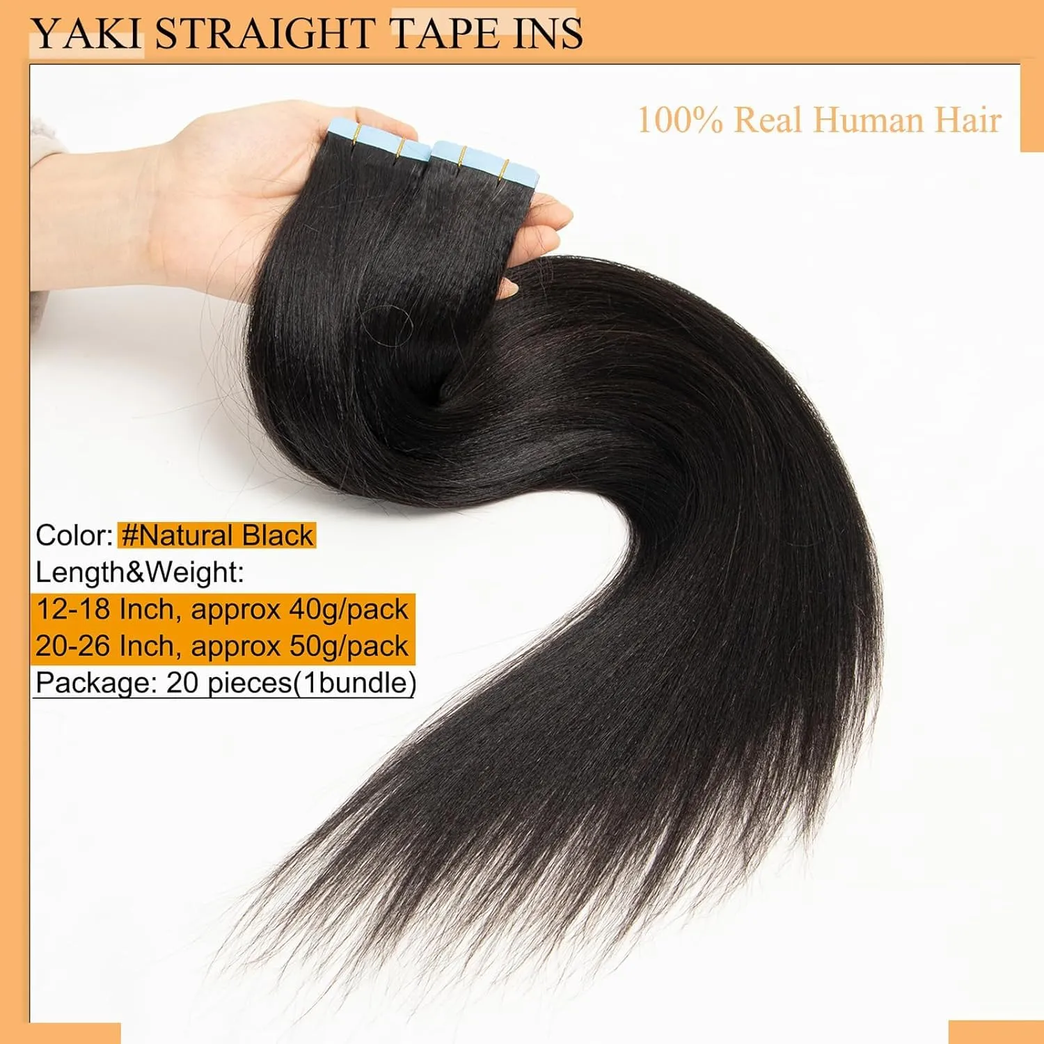 Light Yaki Straight Tape ins Tape in Hair Extensions Human Hair Invisible Real Remy Human Hair Seamless PU Skin Weft Soft Natural Black Hair Extension for Women Girls 12 Inch 40g 20pcs/Pack