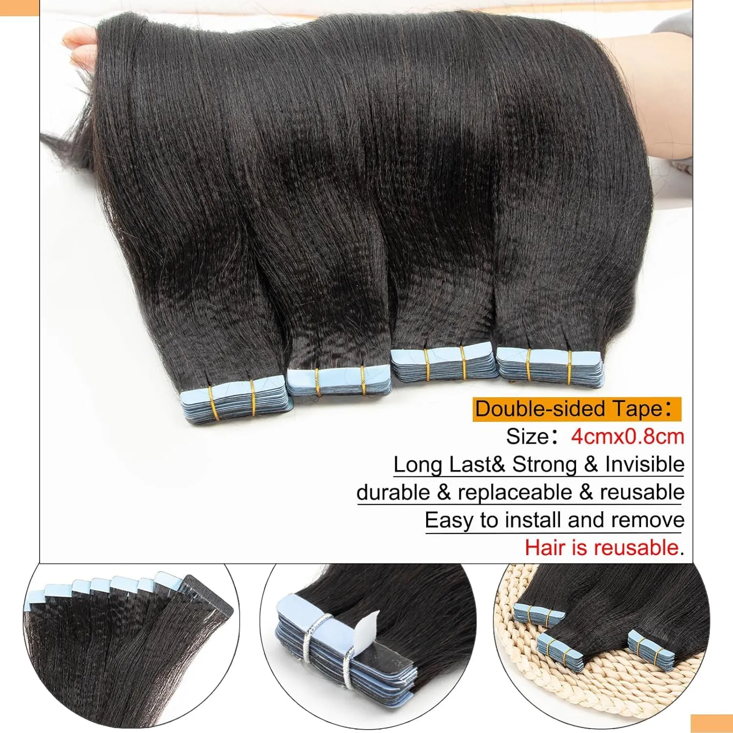 Light Yaki Straight Tape ins Tape in Hair Extensions Human Hair Invisible Real Remy Human Hair Seamless PU Skin Weft Soft Natural Black Hair Extension for Women Girls 12 Inch 40g 20pcs/Pack