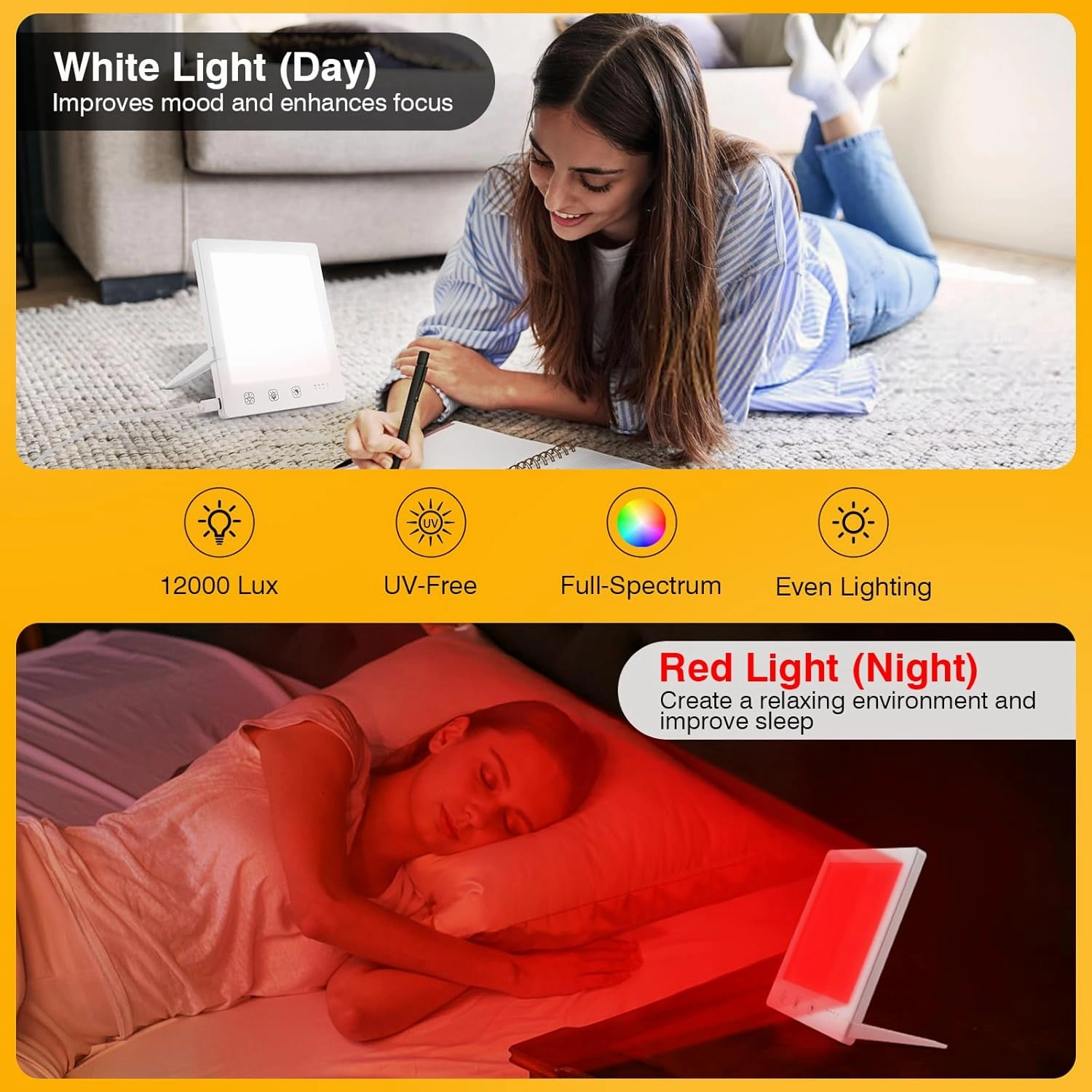 Light Therapy Lamp and Red Light Therapy for Face, 660nm RL and 12000 Lux Bright White, UV-Free Sun Lamp, Detachable Stand, for Improving Skin Heal-th and Boosting Mood.